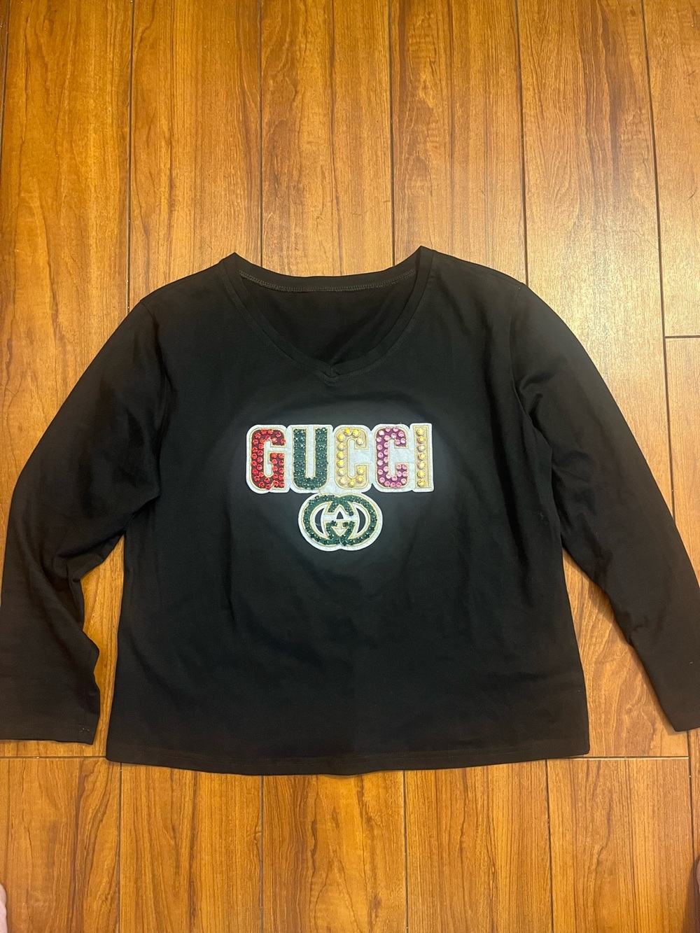 Gucci Black Long-Sleeve Tee with Multicolor iron on Beaded Logo